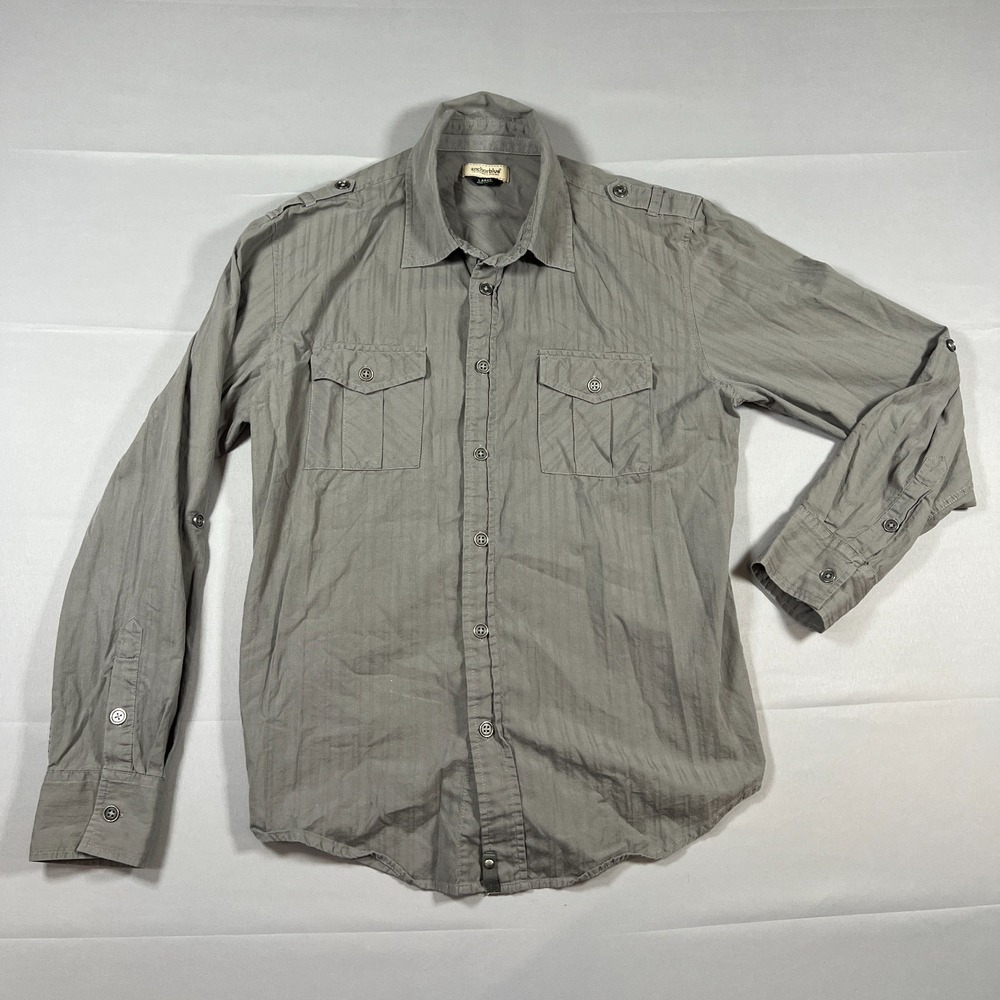 Anchor Blue Button Up Shirt Men L Gray Stripe Dual Chest Pockets Roll Tab Sleeve